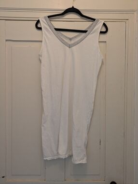 White w/ Silver Neckline V Neck Mini Dress 100% Cotton Made In Italy- M